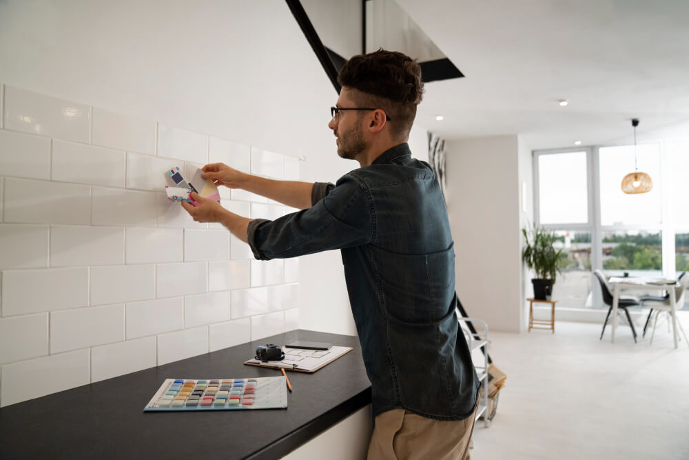 man working on kitchen tiles