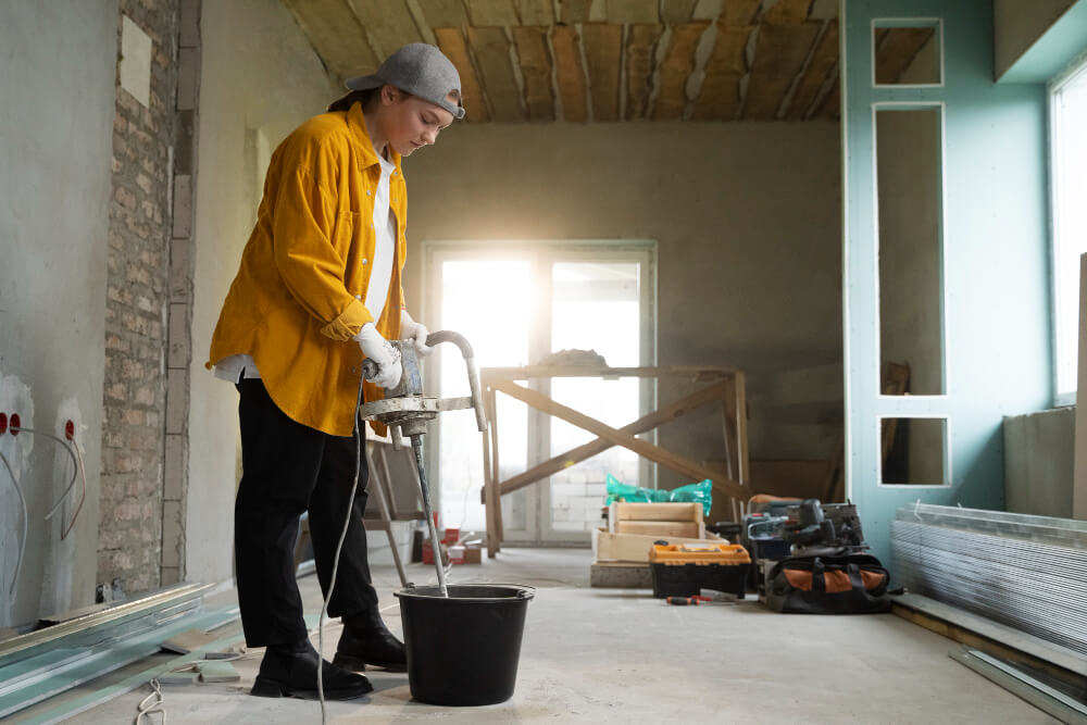 girl tiler working on basement